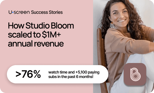 A thumbnail image of the founder of Studio Bloom, thier IOS App Logo, and migration metrics showing a >76% increase in watch time post migration.