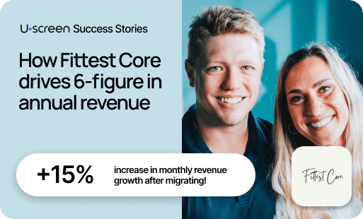 A thumbnail image of the founder of Fittest Core, thier IOS App Logo, and migration metrics showing a +15% increase in monthly revenue post migration.