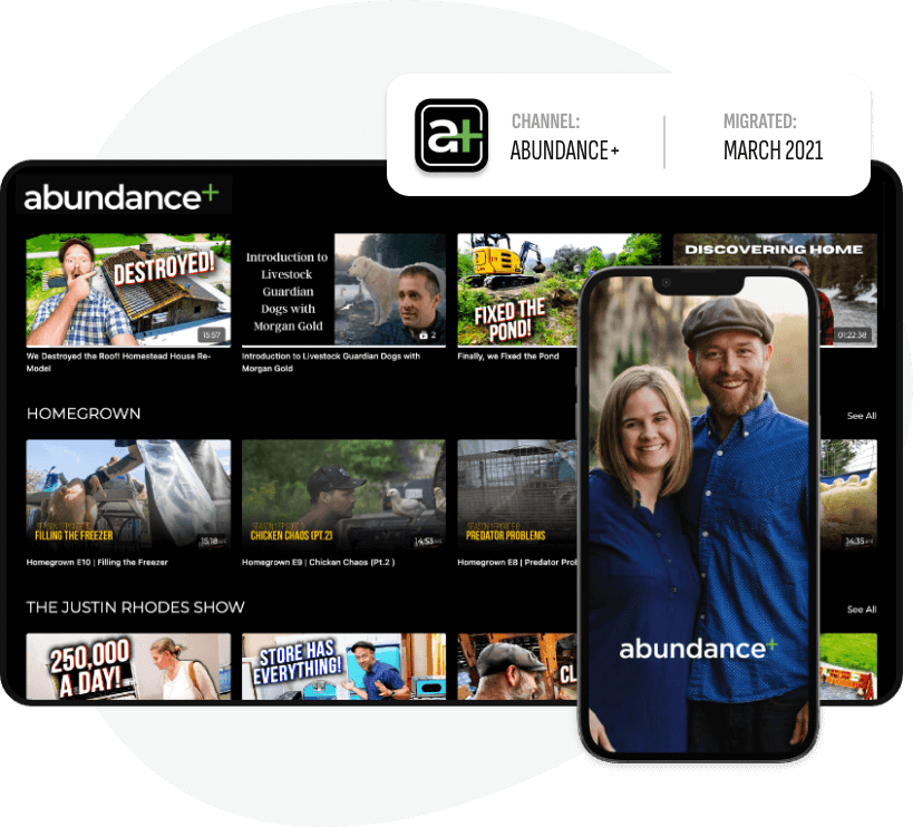 An image of Abundance Plus' Video Monetization platform, their mobile app splash screen, and their migration date. 